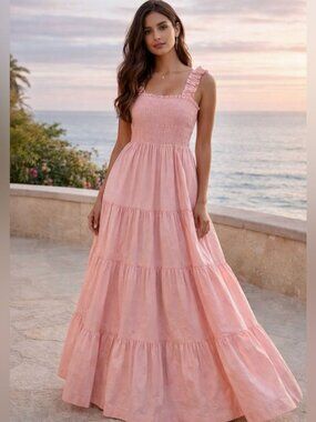 Abercrombie & Fitch Smocked Maxi Dress Pink XS Ruffled Sleeves (JJ483)